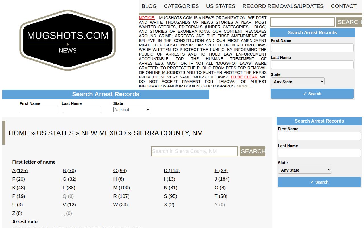 Sierra County historical mugshot archive page shown as an unofficial news-record reference