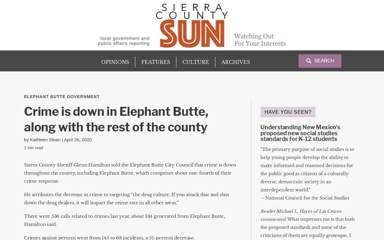 Sierra County crime news example from a dated Sierra County Sun public-safety report