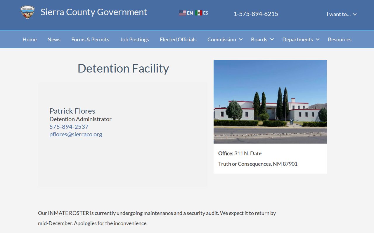 Sierra County Detention Facility roster and current custody notice